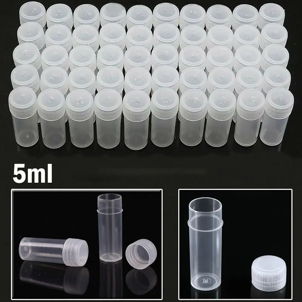 半透明のプラスチック製ボトル,パウダークラフト,液体カプセル,貯蔵試験管,小さなスクリューキャップバイアル,サンプル容器,5ml, 50個