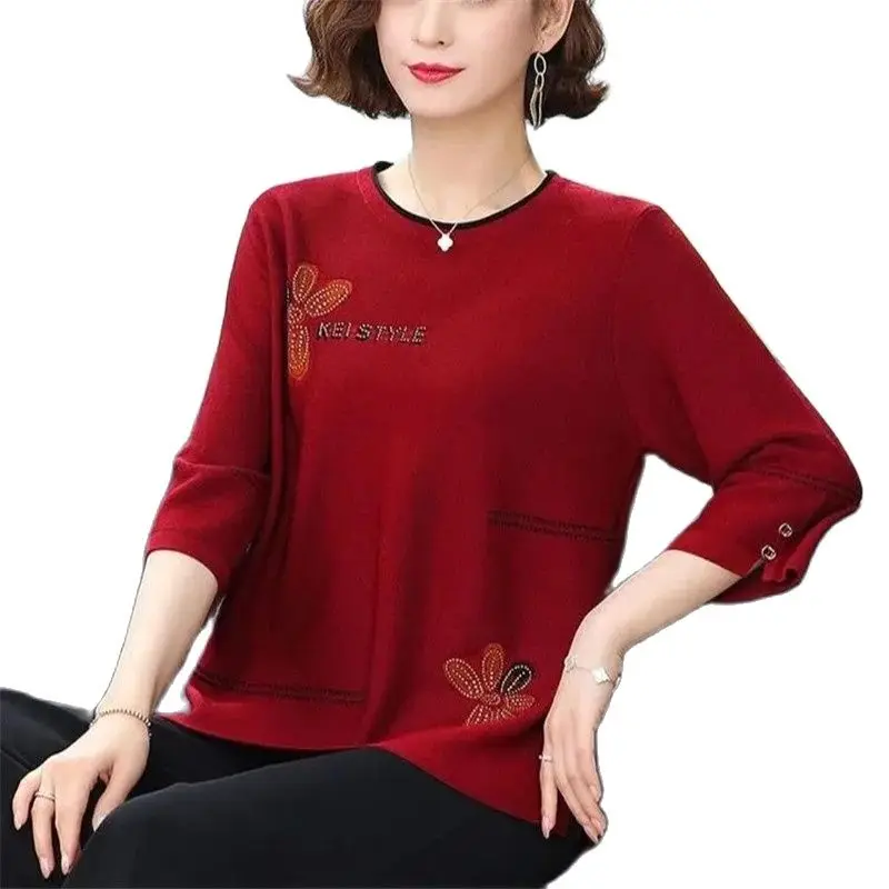 

Jacket Female Middle-Aged Mother T-Shirt Summer New 2022 Loose 100kg Wearable Three Quarter Sleeves Ice Silk Knitting Shirt Top