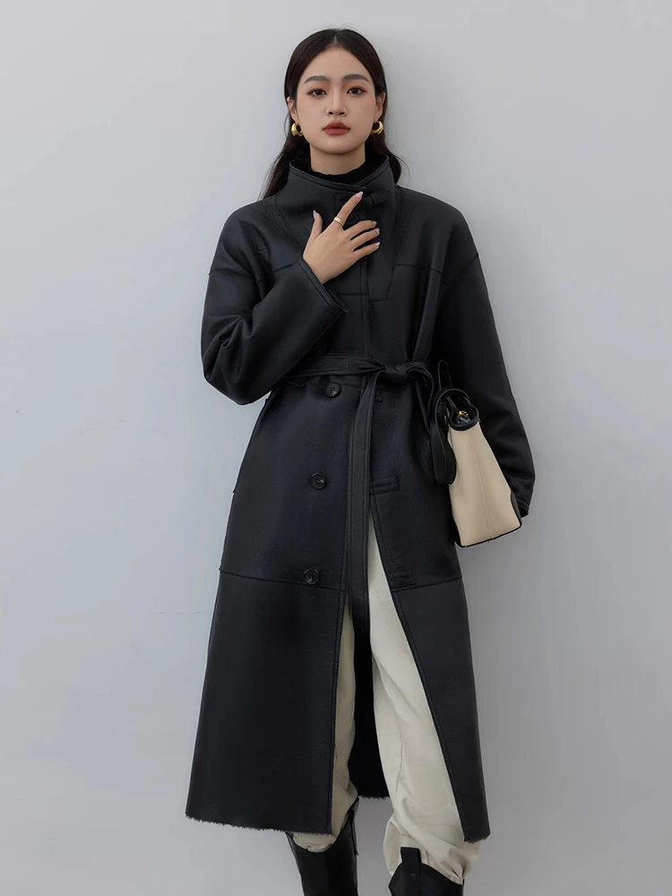 الراقية الفاخرة ميرينو الأغنام الفراء جواكت شتوية النساء بسيطة على الوجهين ارتداء تصميم الدانتيل متابعة طويلة جلد طبيعي معطف الفرو الحقيقي