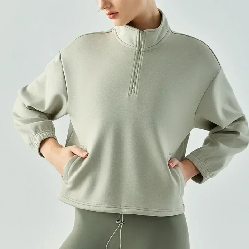 Nuovo maglione sportivo fitness da donna casual pullover corto con collo alla coreana top da yoga