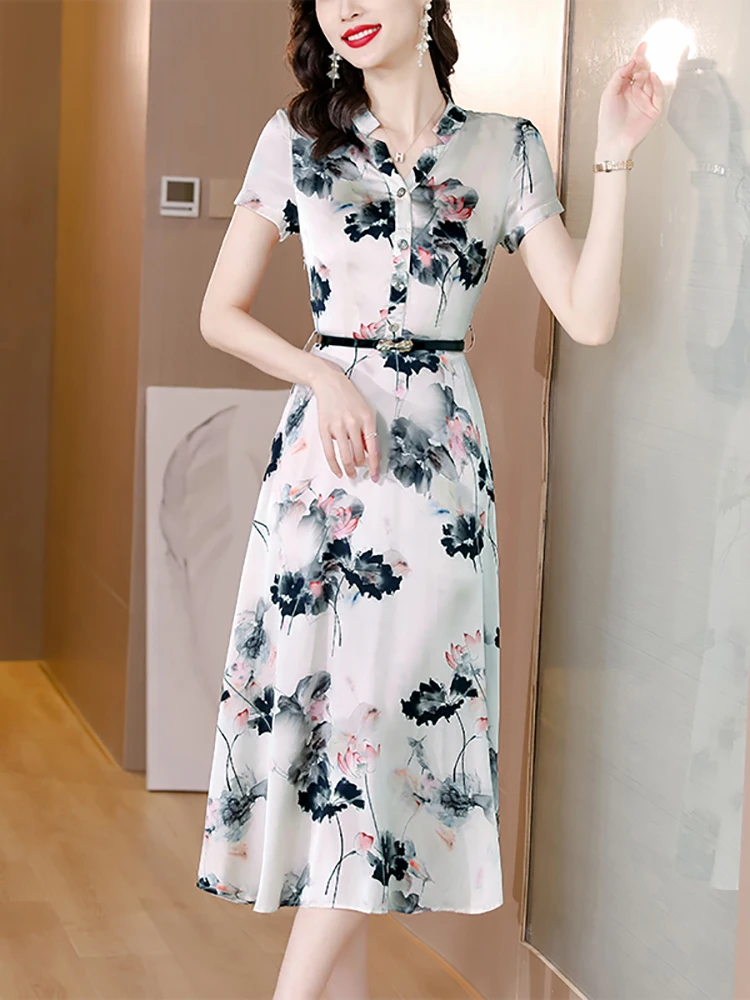 Frauen neue Acetat Satin Kurzarm Midi Kleid Sommer Mode Blumen lässig Strand kleid koreanische elegante Bodycon Party kleid