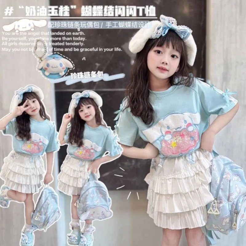 

Girly Heart Kawaii Sanrio Anime Children Casual Short Sleeve Shirt Dress Cute My Melody Jacket Pleated Skirt Two-piece Set Gifts