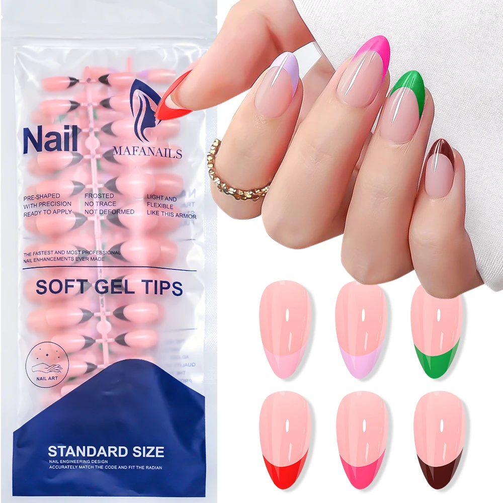 6 Farben (144 Stück) French-Tip-Kunstnägel, kurze, mandelförmige Press-On-Nägel, glänzend, Nude-Pink, künstliche Fingernägel mit buntem Randdesign, Maniküre