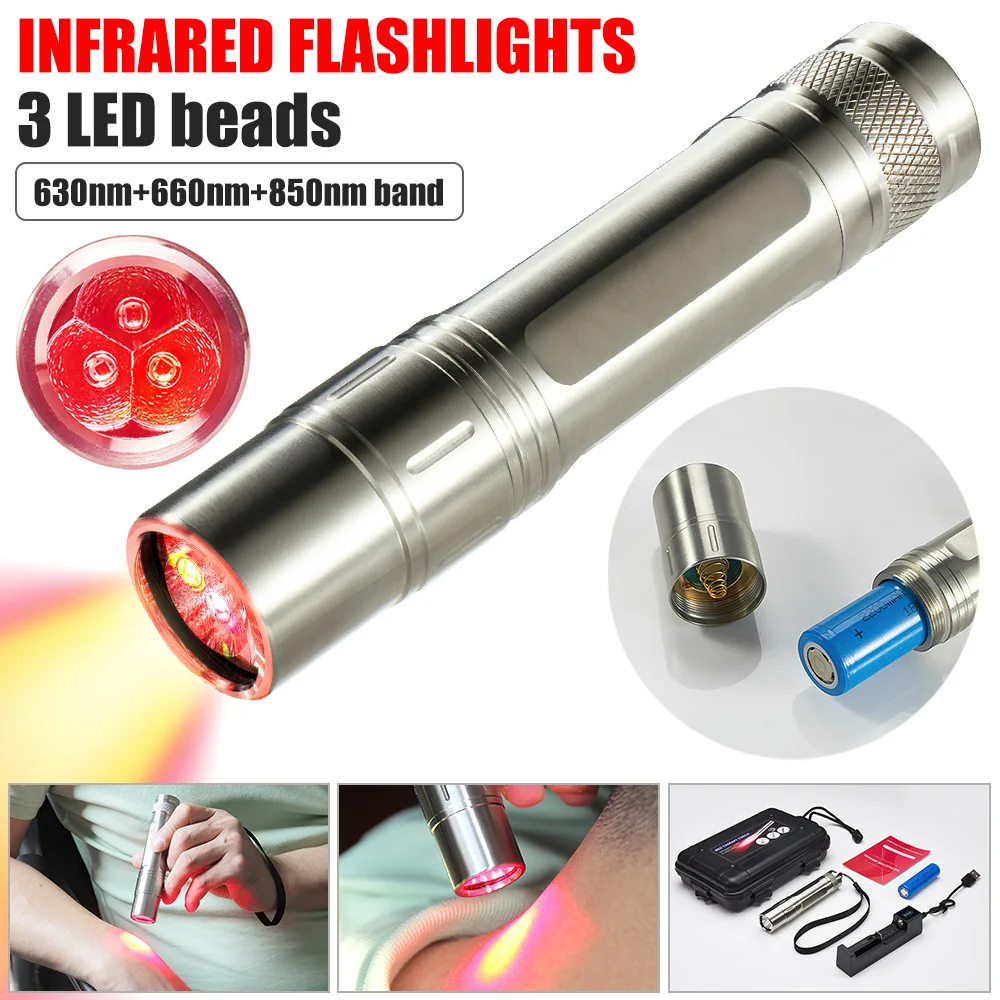 Handle LED Flashlight Red Light 630nm/ 660nm/ 850nm Infrared Lamp Portable Mini Torch for Outdoor Night Hunting Camping Therapy