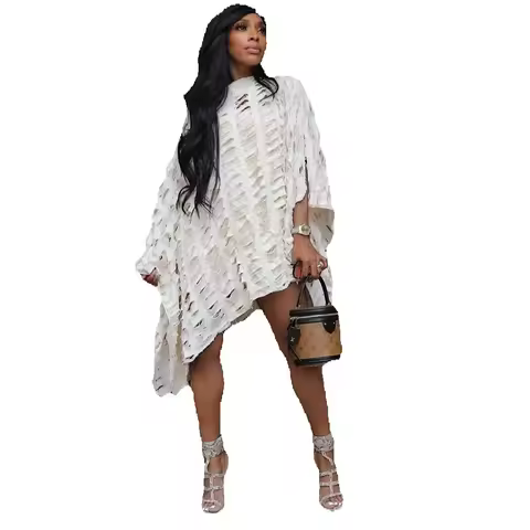 Summer Fashion Lady Beach Wear Hollow Mini Kaftan Dress Oversized Elegant Women WhiteColor Evening Party Loose Short Dress