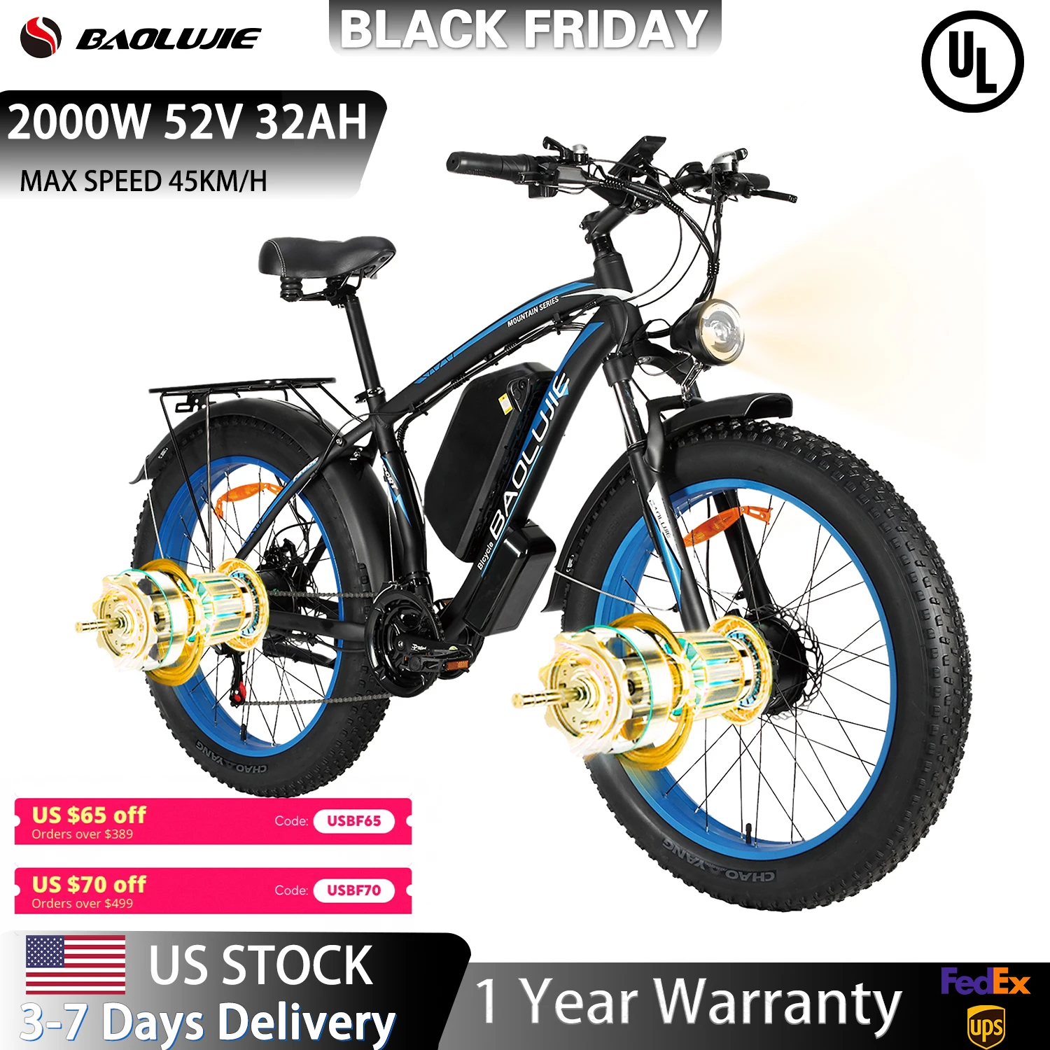 【1 Year Warranty】BAOLUJIE 2602 Electric Bike for Adults 3000W Dual-Motor Electric Bicycle  Hydraulic Brake 26