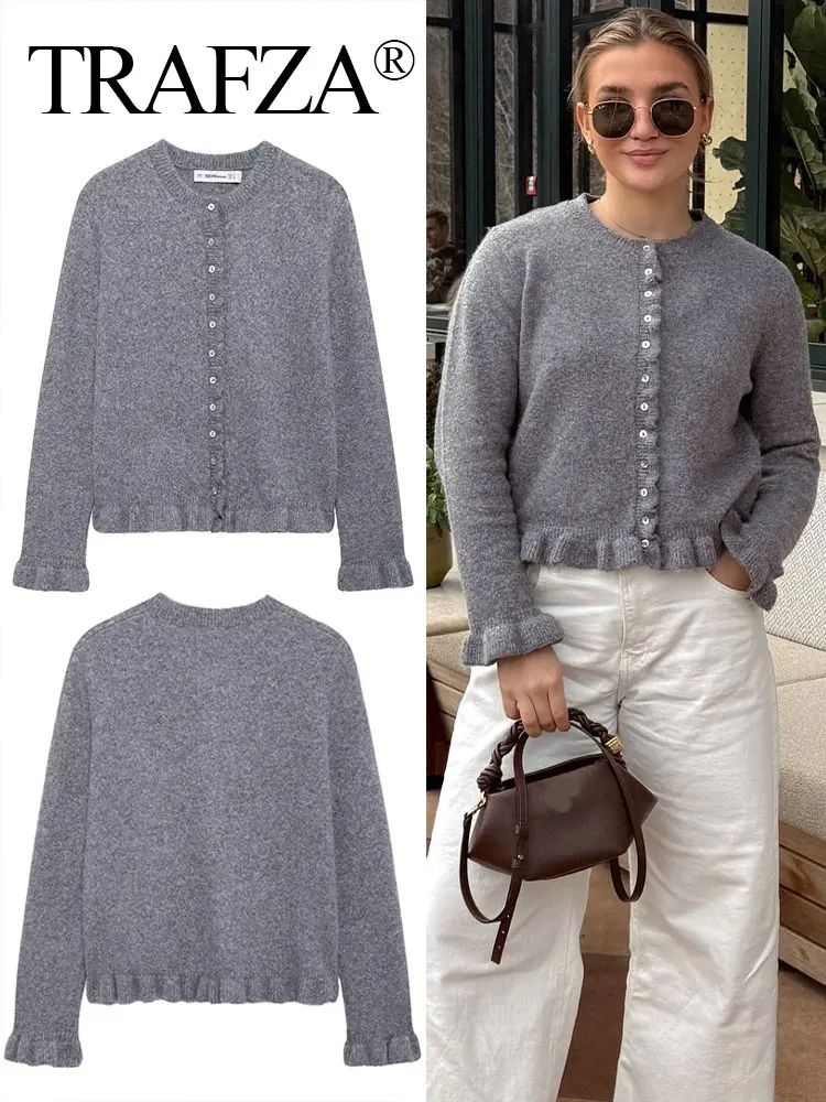 

TRAFZA Elegant Women's Ruffled Cardigan Knit Grey O-Neck Long Sleeve Sweater Top 2025 Autumn Versatile Basic Woman Outerwear
