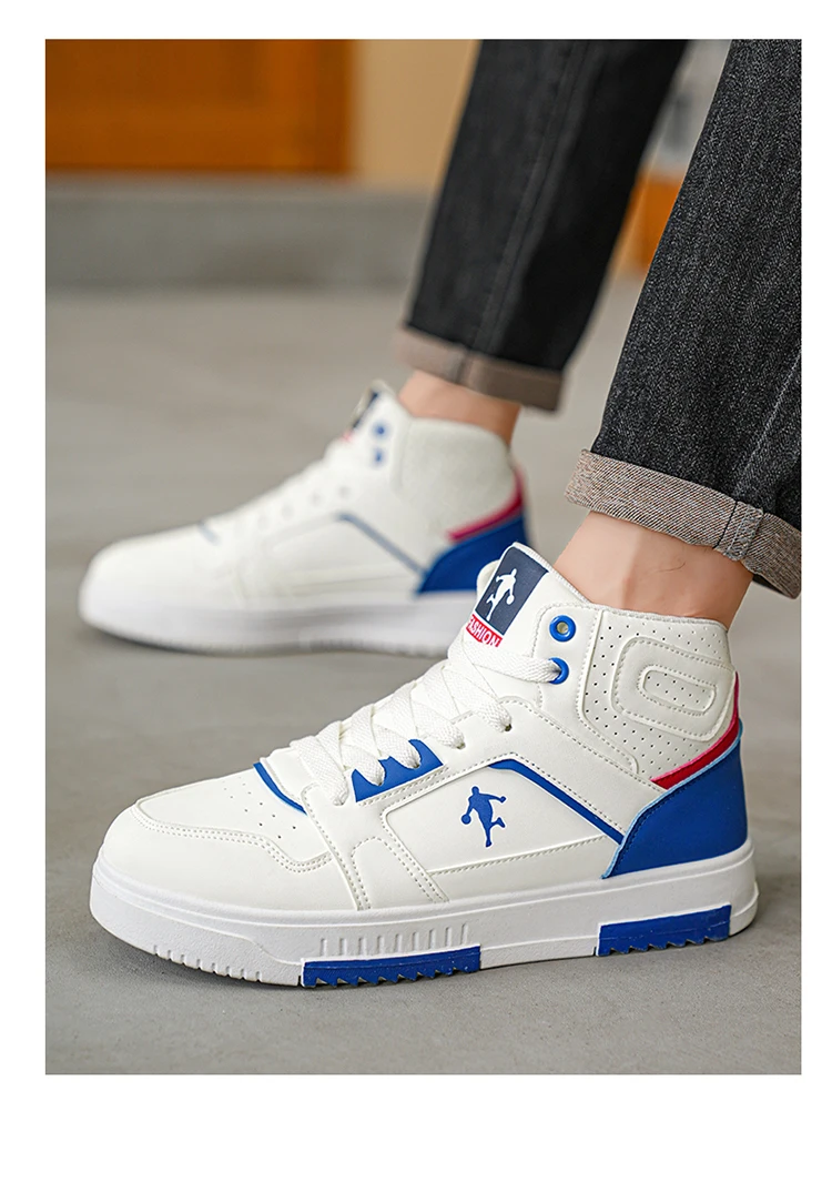 Klassische weiße High-Top-Sneaker für Herren, atmungsaktive Streetwear-Schuhe mit blauen und roten Akzenten – Detail 11