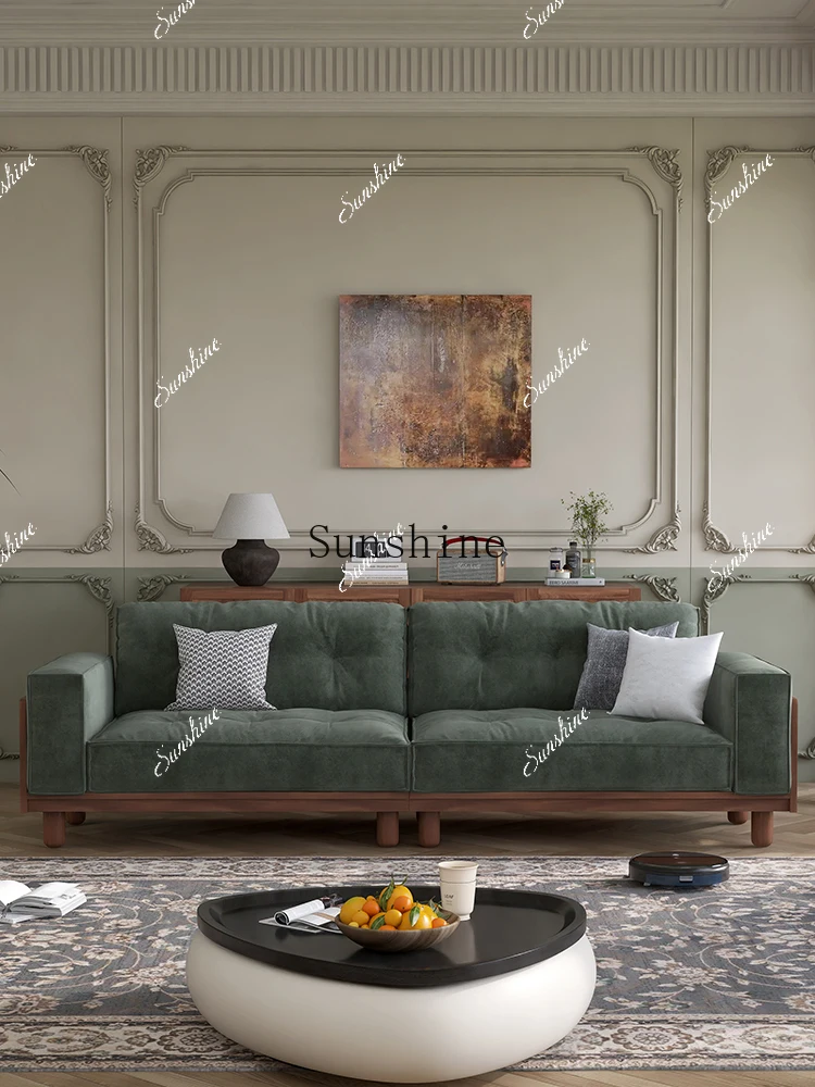 

French retro living room small apartment three people straight row walnut fabric sofa FT