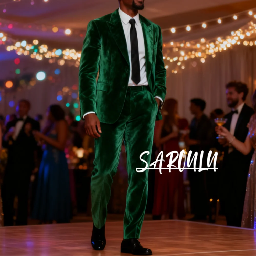 

Green Velvet Autumn Winter Men's Suit, Elegant One Button Tuxedo For Gala Dinner Prom Events, Customized Premium Two Pieces Set