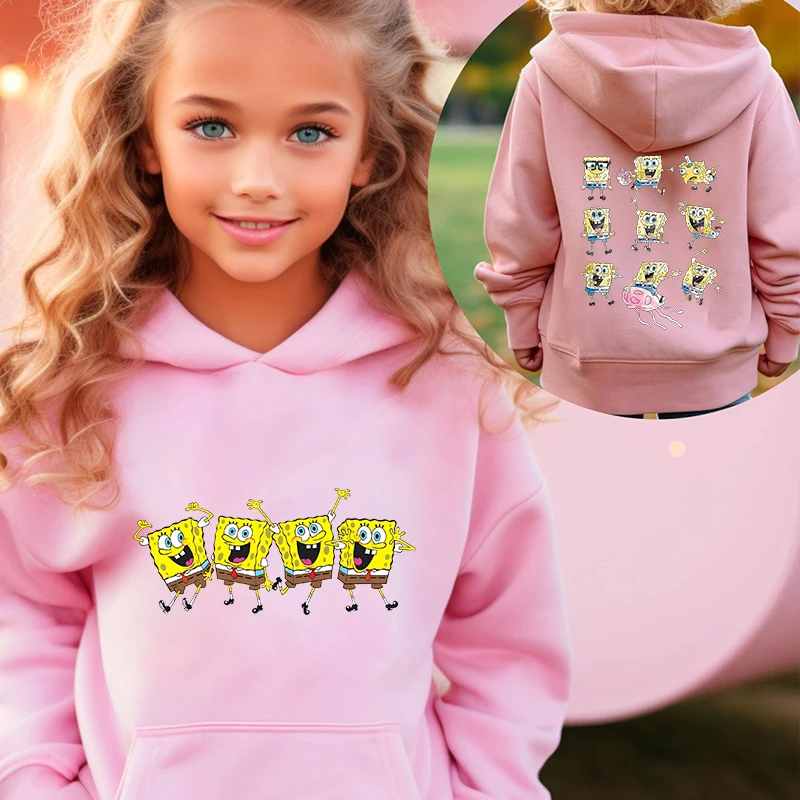 MINISO SpongeBob SquarePants printed children's clothing kids hoodie girls plus velvet sweater pink cartoon top