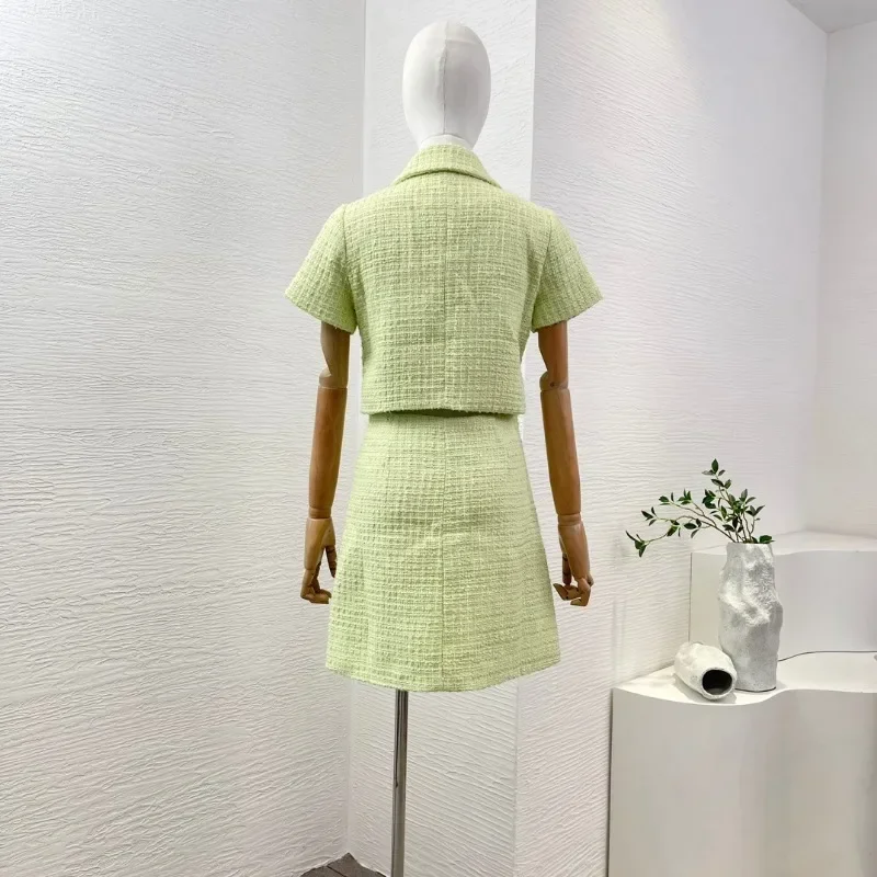 Green Mini Dress for Women, Turn Down Collar, Short Sleeve, Front Buttons Closure, Tweed Fashion, High Quality, Office Lady, Sum