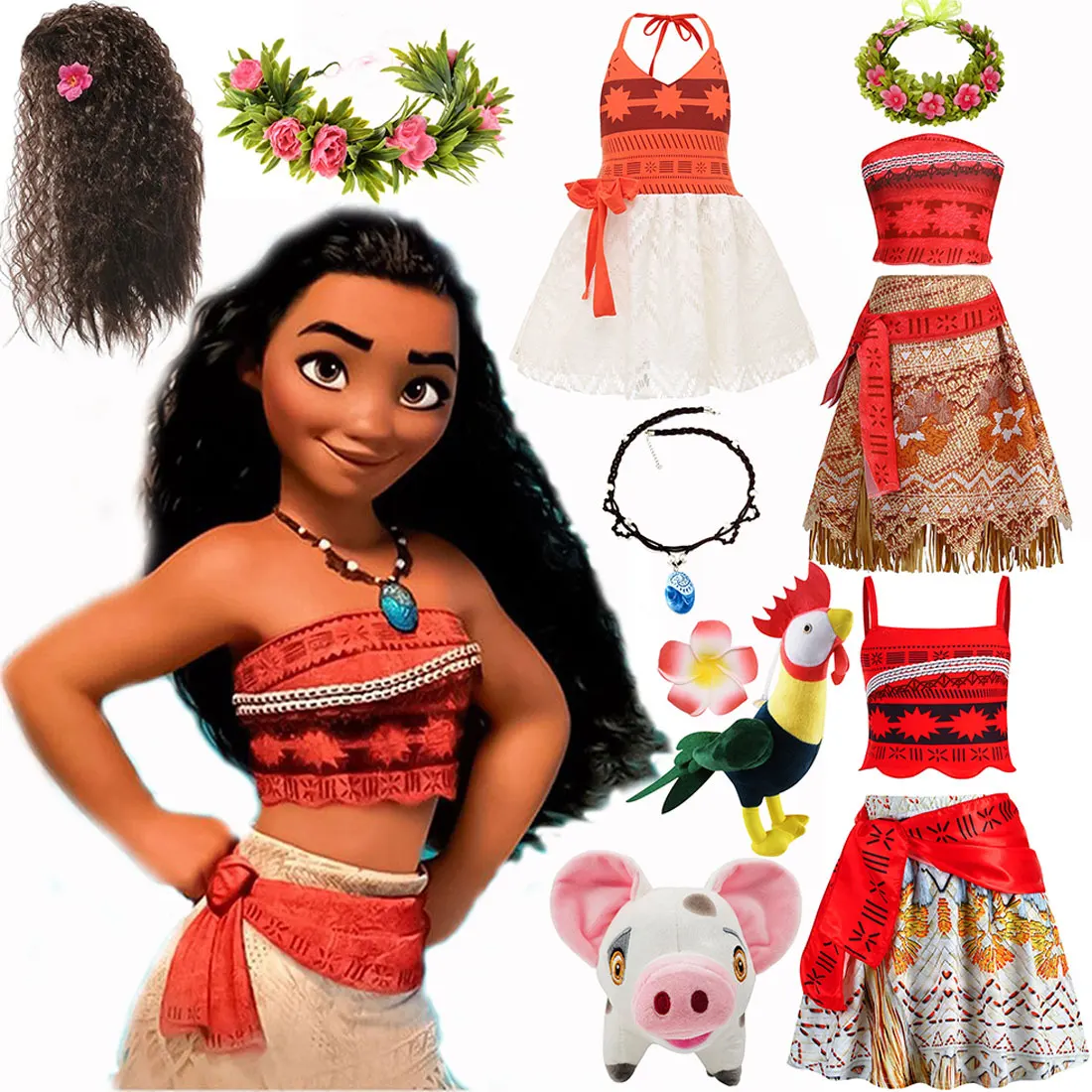 디즈니 할로윈 카니발 신상 모아나 반팔 원피스, 소녀 코스프레, 모아나 공주 원피스 유아 Vaiana 귀여운 2 종 세트