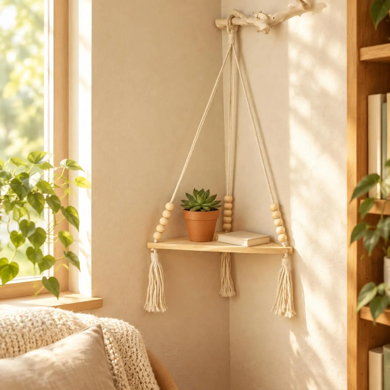 Natural Wood Cotton Rope Triangle Wall Shelf Floating Storage Rack for Small Decor Items
