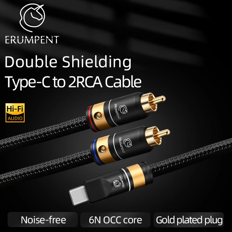ERUMPENT HiFi Type C to 2RCA Audio Cable Dual Shielded for Phone Connected to Audio AMP USB TypeC ALC5686 Chip DAC Upgrade Cable