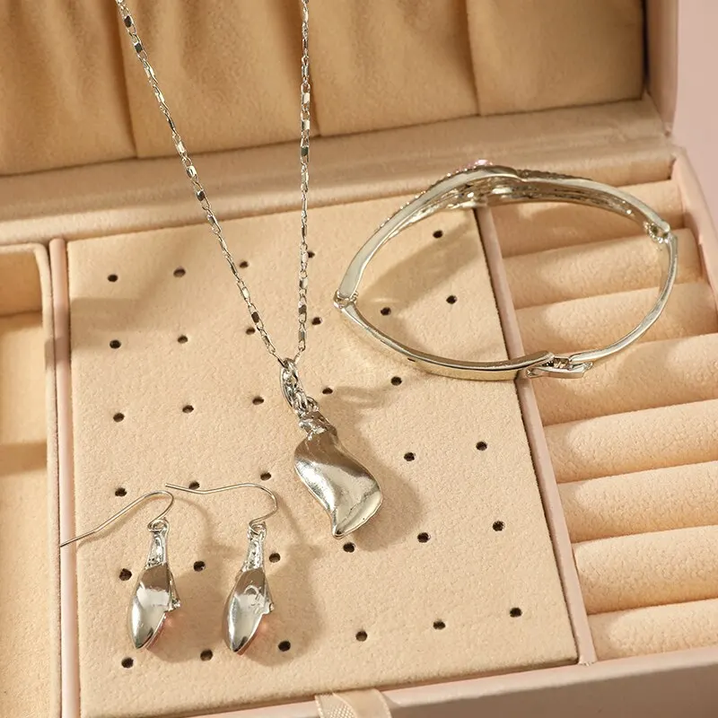 4pcs White Gold-color Plated Necklace Bracelet Earrings Set Ladies Luxury Classic Style Multi Color Glass Diamond Jewelry