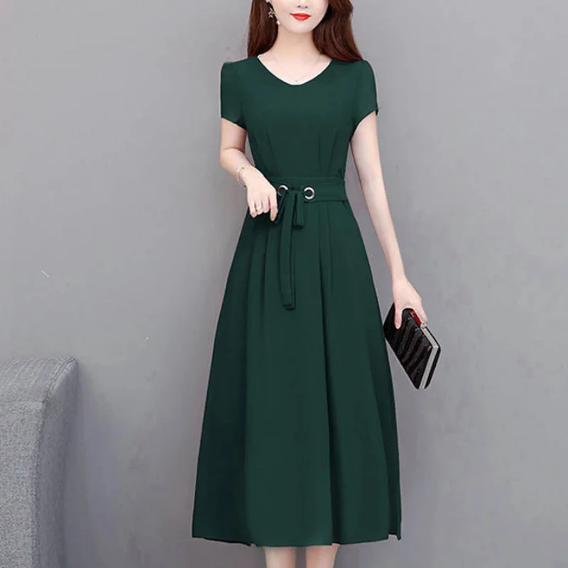 Spring and Summer New Fashion Drawstring Simplicity Solid Color Commuter Versatile Short Sleeve Casual Mid Waist A-line Dress