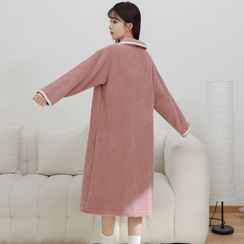 Sweet Womens Flannel Nightgowns Doll Collar Christmas Nightdress Long Sleeve Robe House Coat with Pockets Button Down Sleepshirt