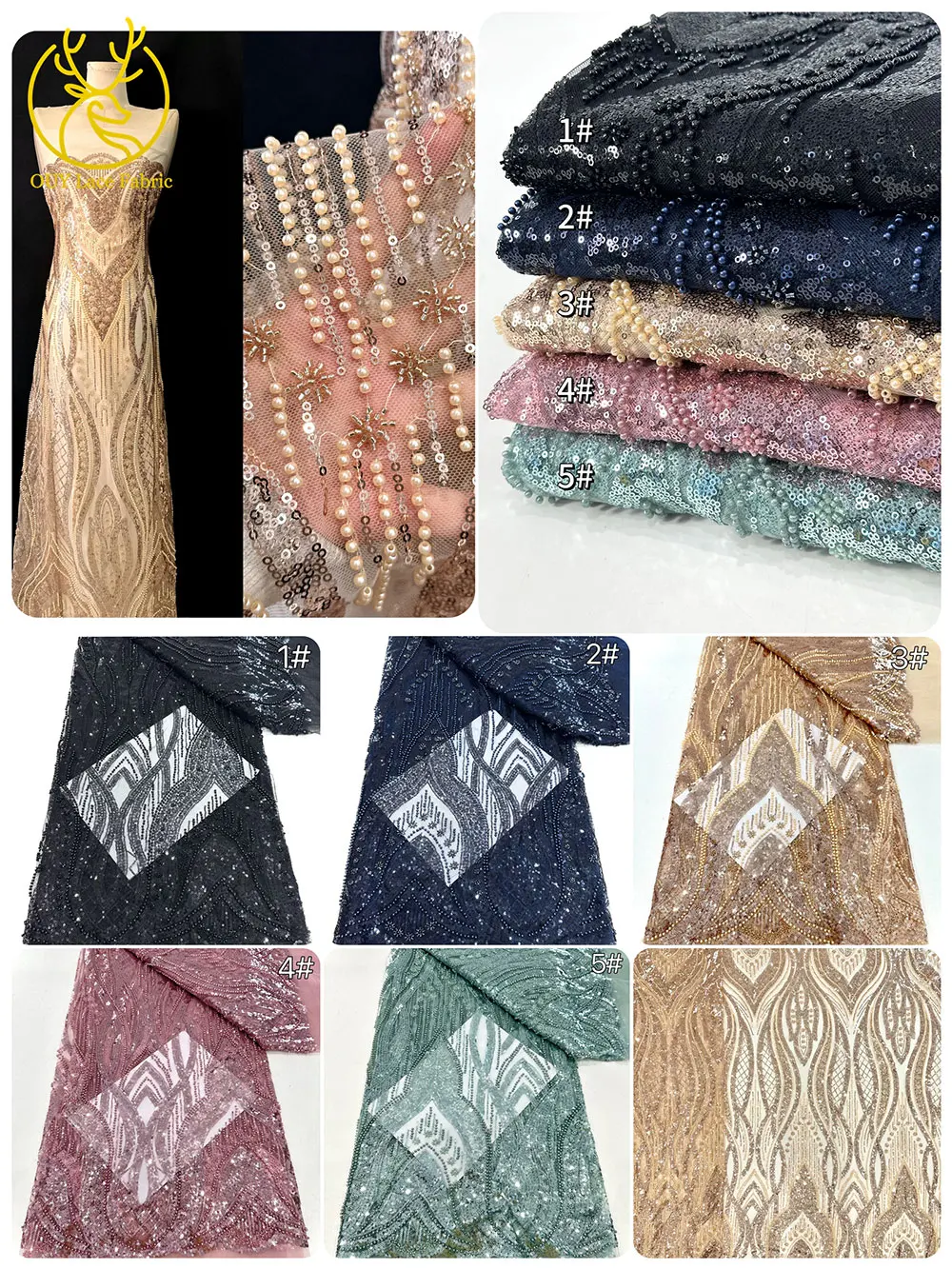 高級フレンチスパンコールレース生地アフリカビーズレース生地ナイジェリアメッシュチュールレース生地レディースウェディングパーティードレス縫製