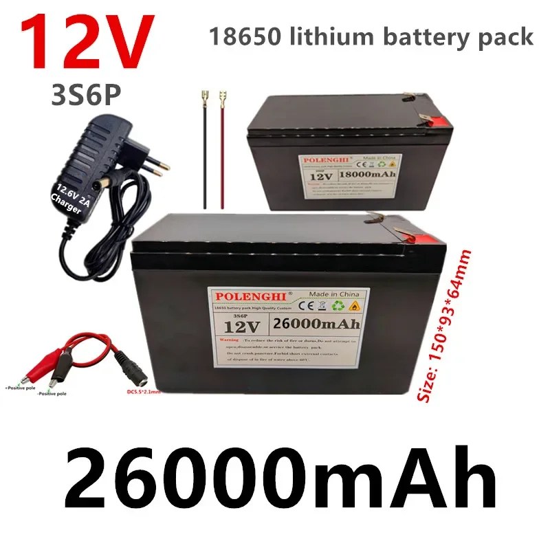 

3S6P 12V 18Ah or 26Ah 18650 Li-ion battery pack with built-in intelligent BMS for sprayer, mobile power, kids car battery.