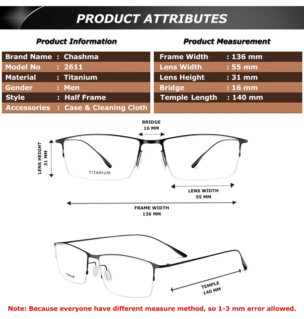 Chashma Brand Men Quality Eyeglasses Male Half Frame Semi Rimmed Light Myopia Titanium Glasses Frames for Prescription Lens