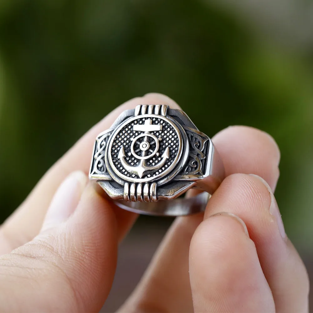 New 316L Stainless Steel Vintage rudder biker Ring With anchor Patterns For Men Women Punk Motorcycle Jewelry Party GIFT