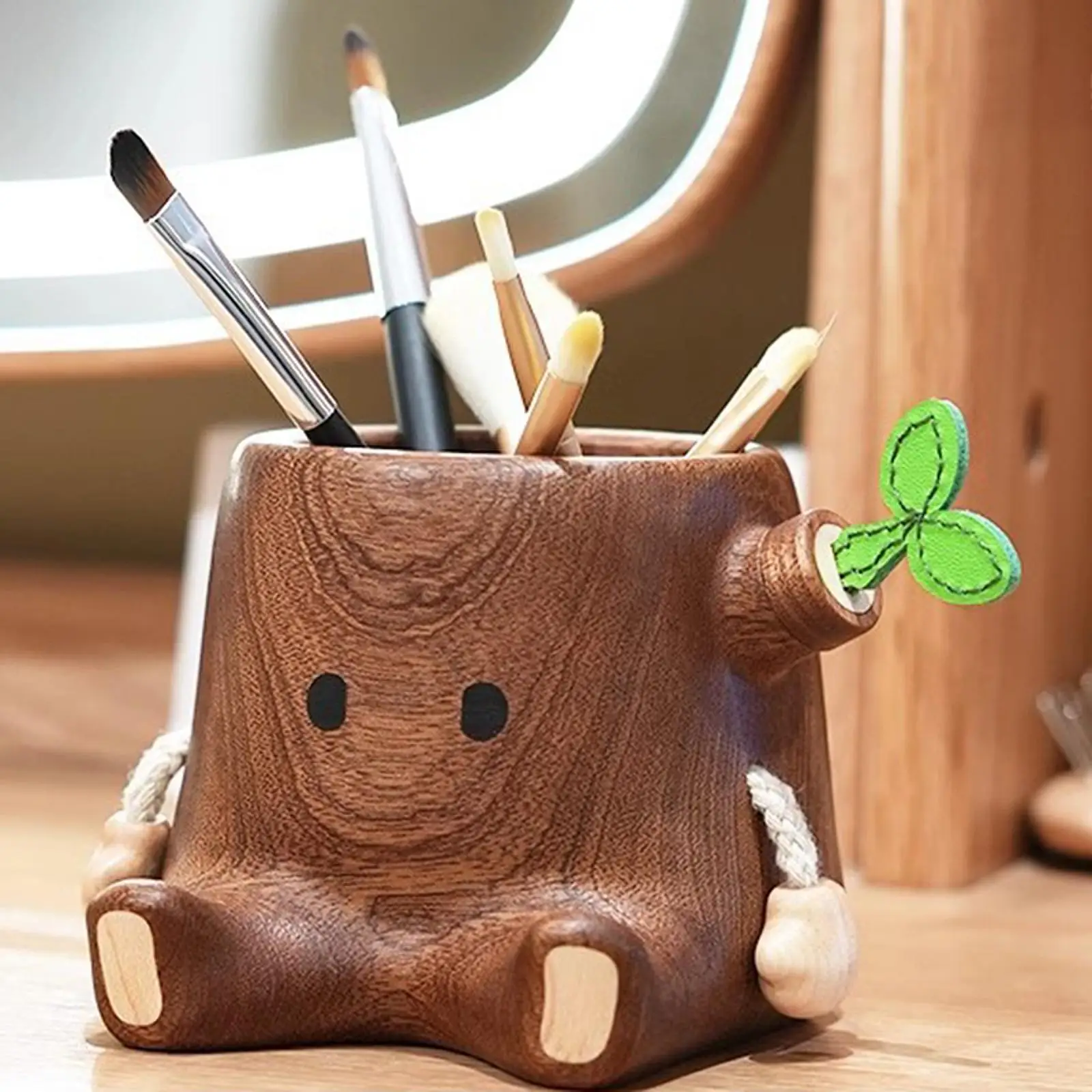 Pencil Holder Desk Organizer Wood Carving Makeup Brush Holder Storage Pen Cup Art Tree Sculpture for Home Office School Supplies