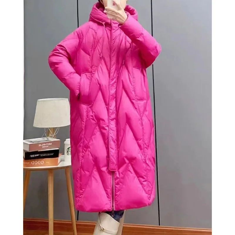 Women Loose Long Coat 90% White Duck Down Jacket 2025 Winter Female Overcoat Cotton Hooded Puffer Feather Parkas Snow Outwear