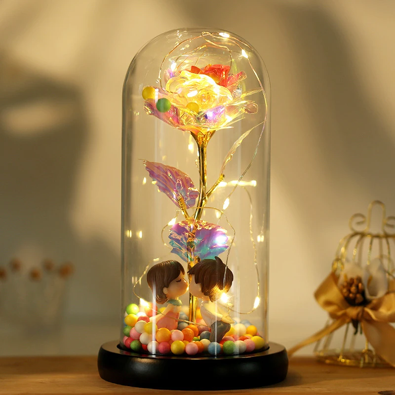 Colorful gold foil flower colored gold LED lamp eternal life rose glass Tanabata lovers give home decoration lamp.