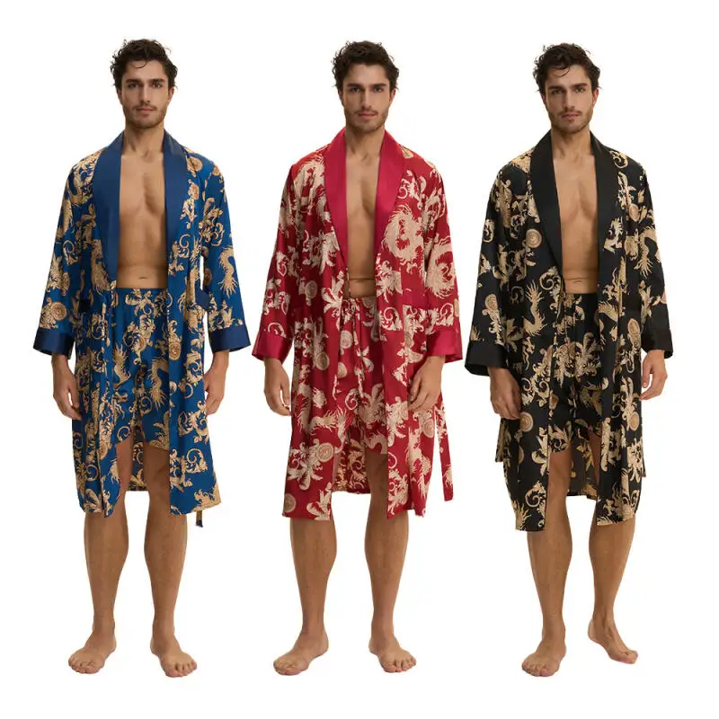 

Men's Pajamas Set Satin Sleepweara Long Sleeve Peignoir Bathrobe Gown Print Loungewear Kimono Nightwear Home Clothes Shorts Robe