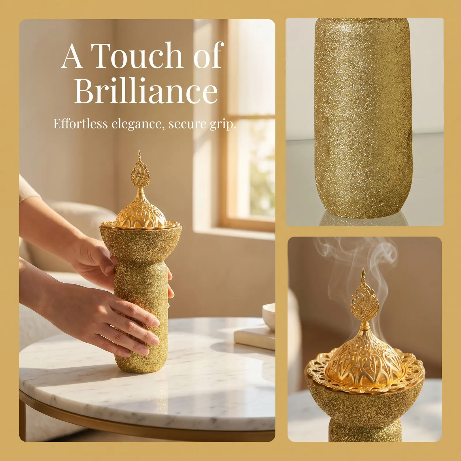 Frankincense Resin Incense Burner Tall Arabic Bukhoor Holder Glitter Handle Decorative for Meditation Yoga Spa Aromatherapy