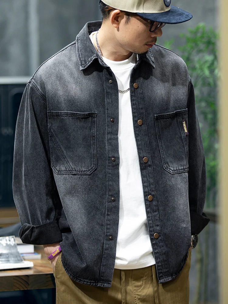 Premium Feel Long Sleeve Denim Shirt Men's Casual Loose Fit American Style Shirt Men's Washed Loose Casual Outerwear