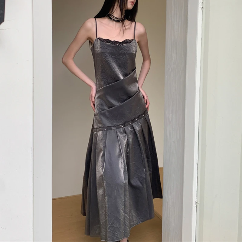 

Stylish Sexy Lace Black Dress Women Spaghetti Strap Asymmetrical Long Dress Female 2026 Summer New Pleated Irregular Dresses