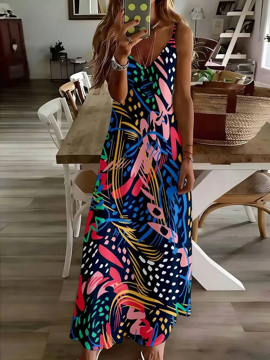 

Colorful Abstract Print Sleeveless Midi Dress Women Casual Summer Spaghetti Strap Boho Party Outfit