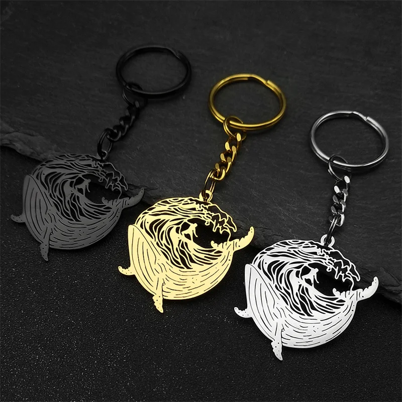 Whale Surfing Keychain For Women Men Stainless Steel Black Sports Style Male Motor Keyholder Jewelry Bag Accessories Charms