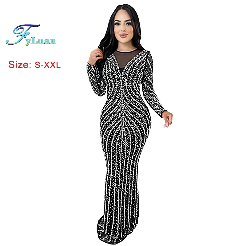 

New Solid Color Women Long Sleeve Floor Length Dress Sheer Mesh Hot Rhinestones O Neck Long Dresses For Women Wedding Party Gown