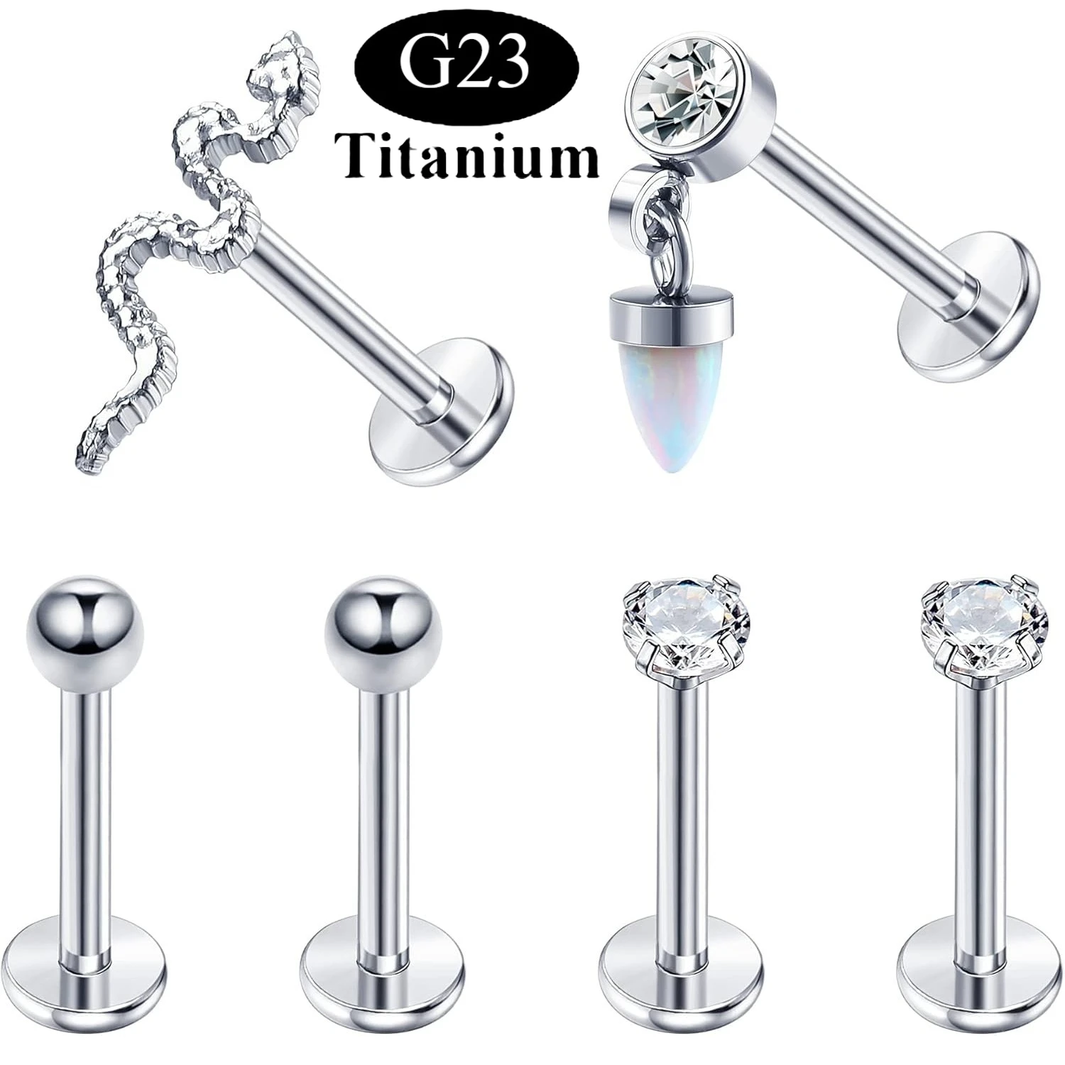 

Bobisty 6Pcs G23 Titanium Labret Stud Earrings for Women Men Tragus Lip Flat Back Opal Snake Cartilage Piercing Jewellery