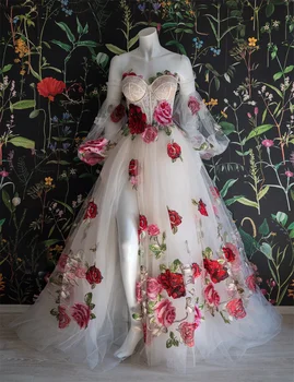 Amanda-Robe de Mariée Brodée Colorée pour Femme, Dos aux, Motif Floral, pour Patients de Mariage Pastoral