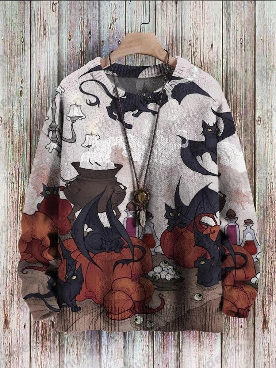Halloween Rainbow Cat 3D Printed Pullover Sweater Men's Vintage Art Vibe Knitted Winter Unisex Casual Knit