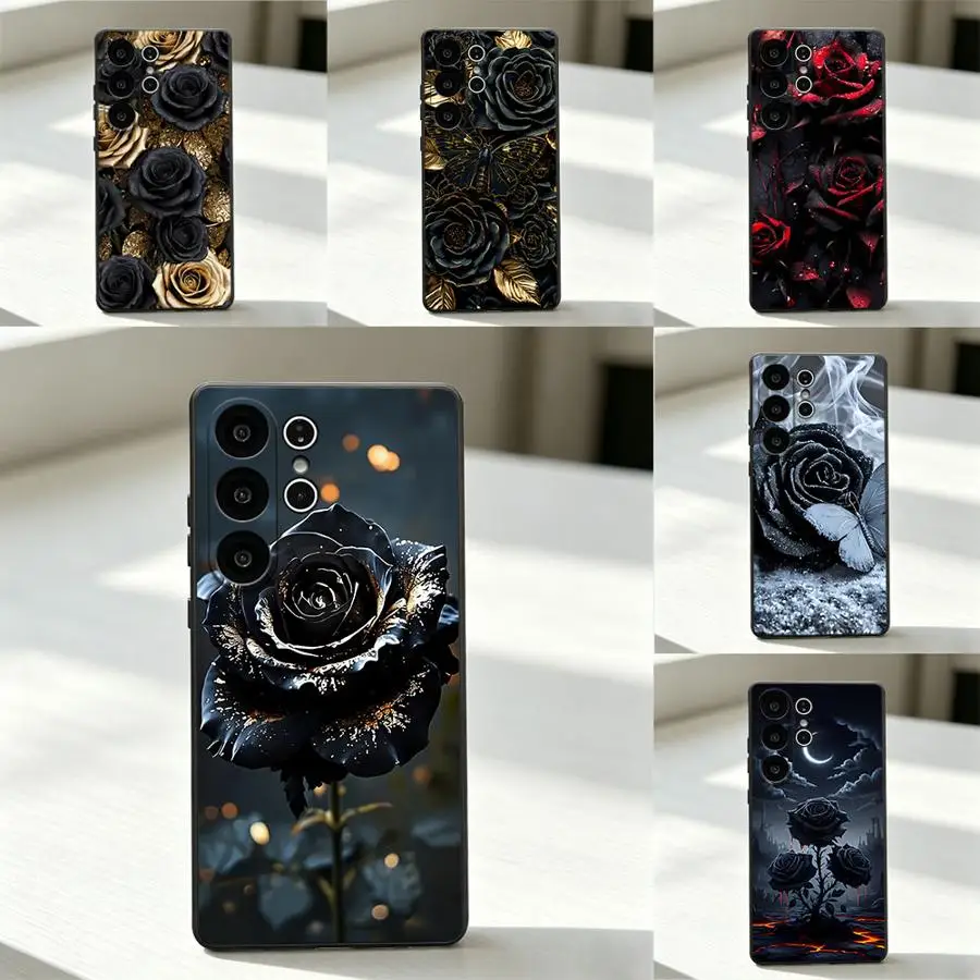 Case for Samsung Galaxy S26 Ultra S25 Plus S10 S9 S26+ S25+ S20 S21 FE S24 Note 20 8 9 10 S23 S24+ Phone Cover Black Darkly Rose