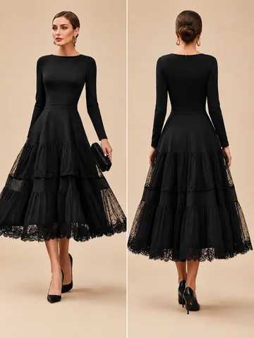 Women Elegant Long Sleeve Midi Dress, Crew Neck High Waist Tiered Lace Ruffle A‑Line Cocktail Party Dress Formal Wedding Guest Evening Dresses