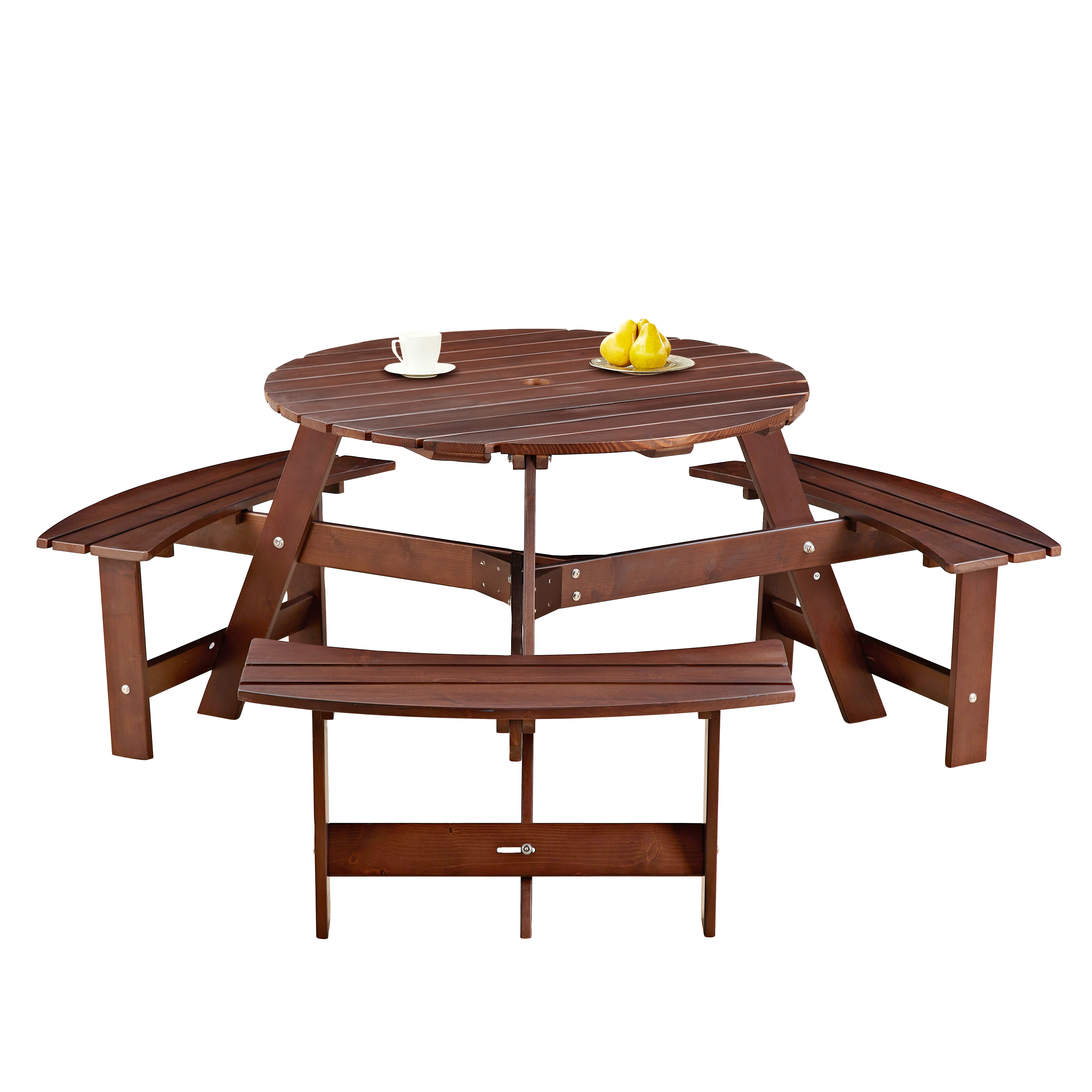 

Outdoor 6 Person Picnic Table, 6 person Round Picnic Table with 3 Built-in Benches, Umbrella Hole, Outside Table and Bench Set