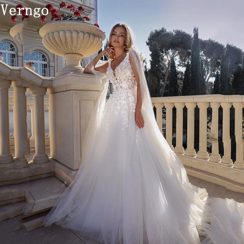 

Verngo lvory Tulle Wedding Dresses Appliques A Line Sleeves Bride Dresses Women Classy Formal Bridal Gowns Customized