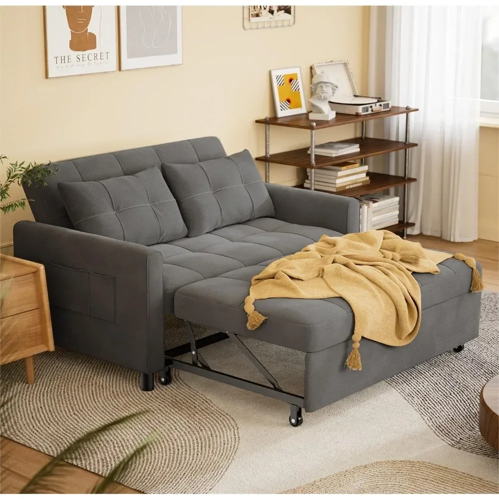 3 in 1 Cabrio Schlafs ofa, 52 "2-Sitzer Loves eat mit ausziehbarem Bett, Leinen Stoff Futon Sofas mit Kissen, Taschen