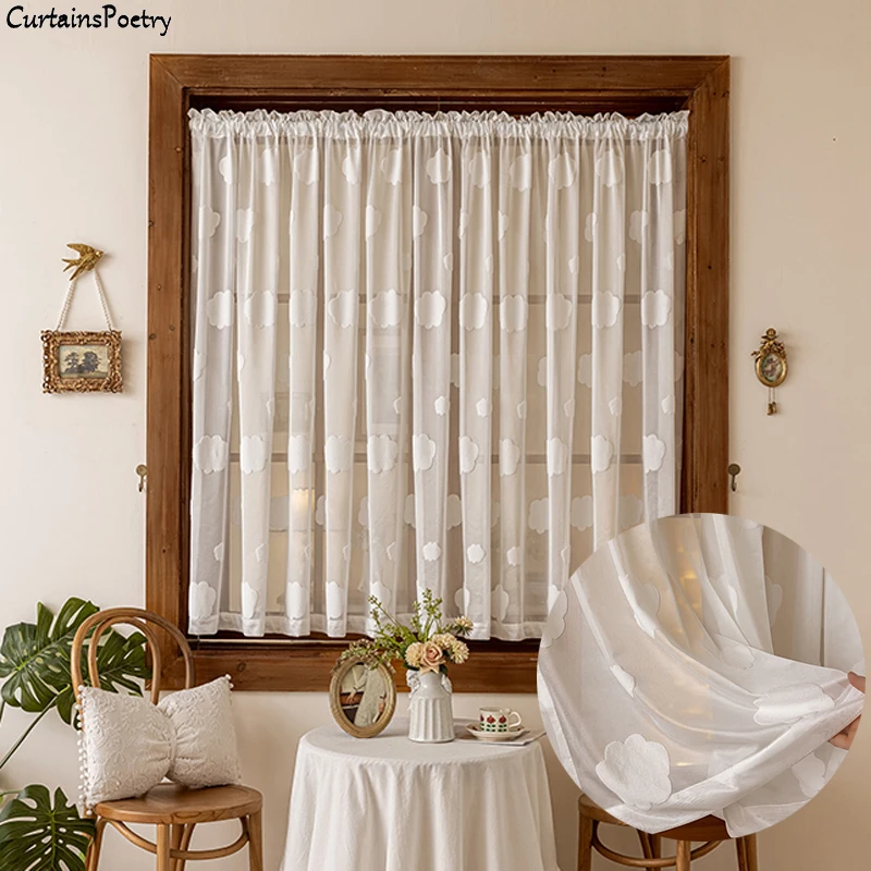 

White Lace Curtains Cloud Embroidery Window Drapes for Living Room Bedroom Cute Knitted Lace Sheer Curtains for Girls Room Decor