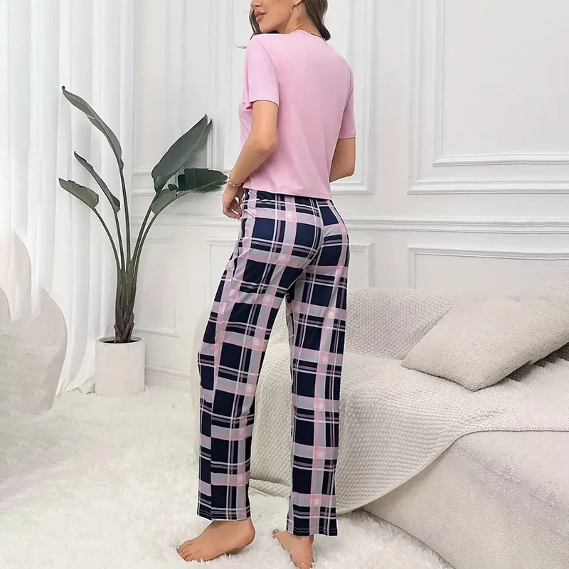 Women\'s Pajamas Set Soft Comfortable Letter Print T-Shirt & Plaid Long Pants Sleepwear 2 Pieces Home Clothes Loungewear Pyjama