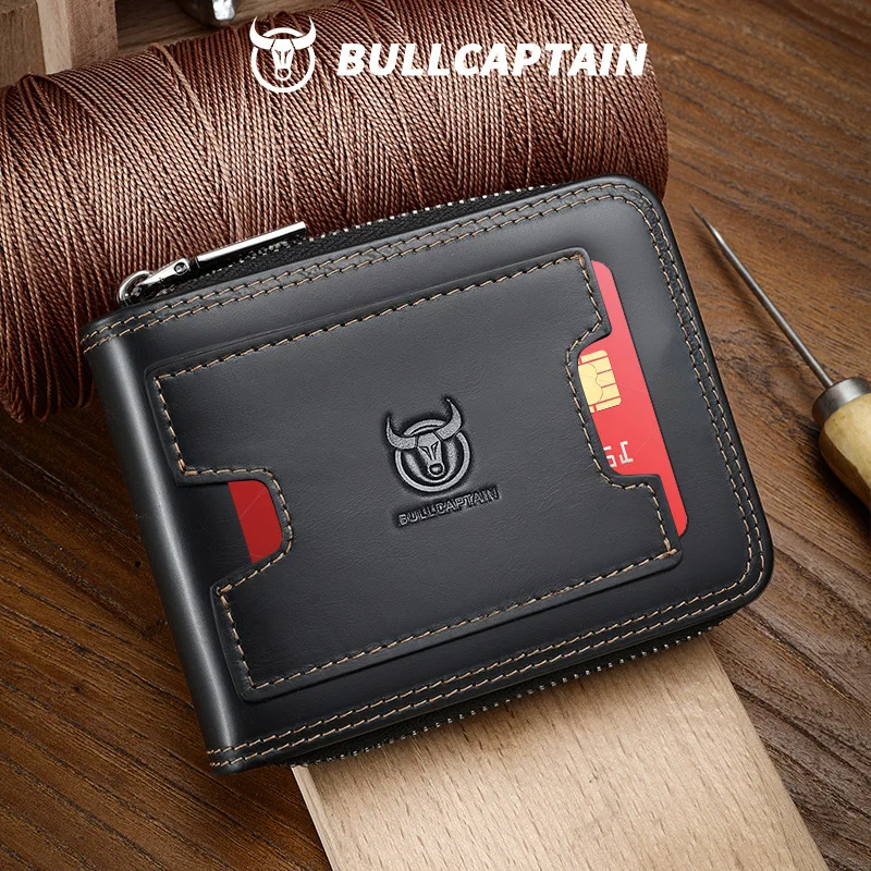 Retro Men's Genuine Leather Zipper Wallet Top Layer Cow Pickup Bag Money Clip RFID Multifunctional