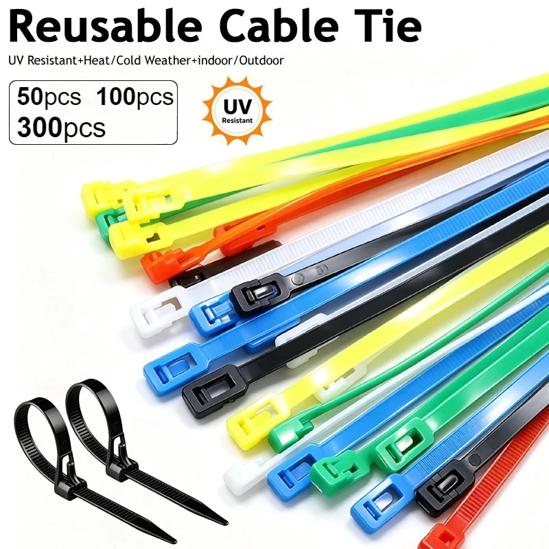 50-300pcs Reusable Plastic Cable Zip Ties Quick Release Durable Nylon Wire Fasteners Adjustable Bag for Home Office Outdoor Use