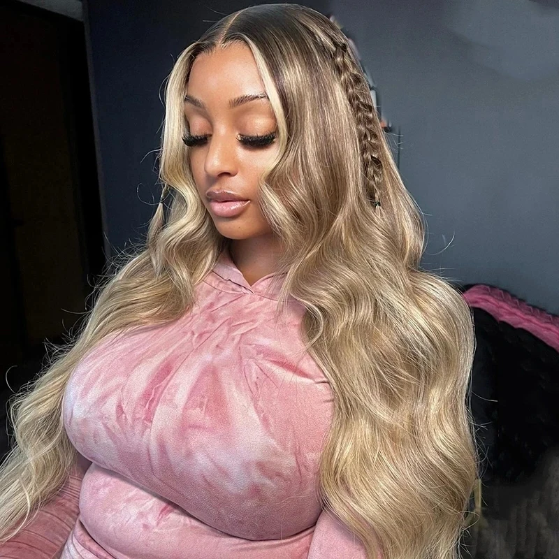 Ombre Highlights Ash Blonde Body Wave Transparent 13X6 Lace Frontal Wig PrePlucked Human Hair Wig For Women Full Lace Front Wigs