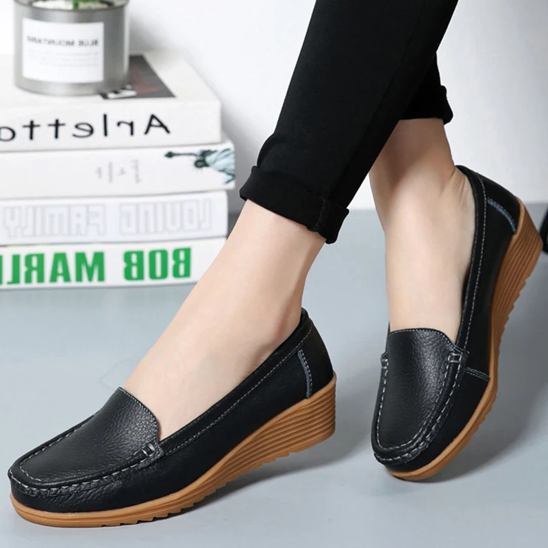 Zapatos de cuero suave con tacón para Mujer, mocasines planos negros, informales, calzado femenino